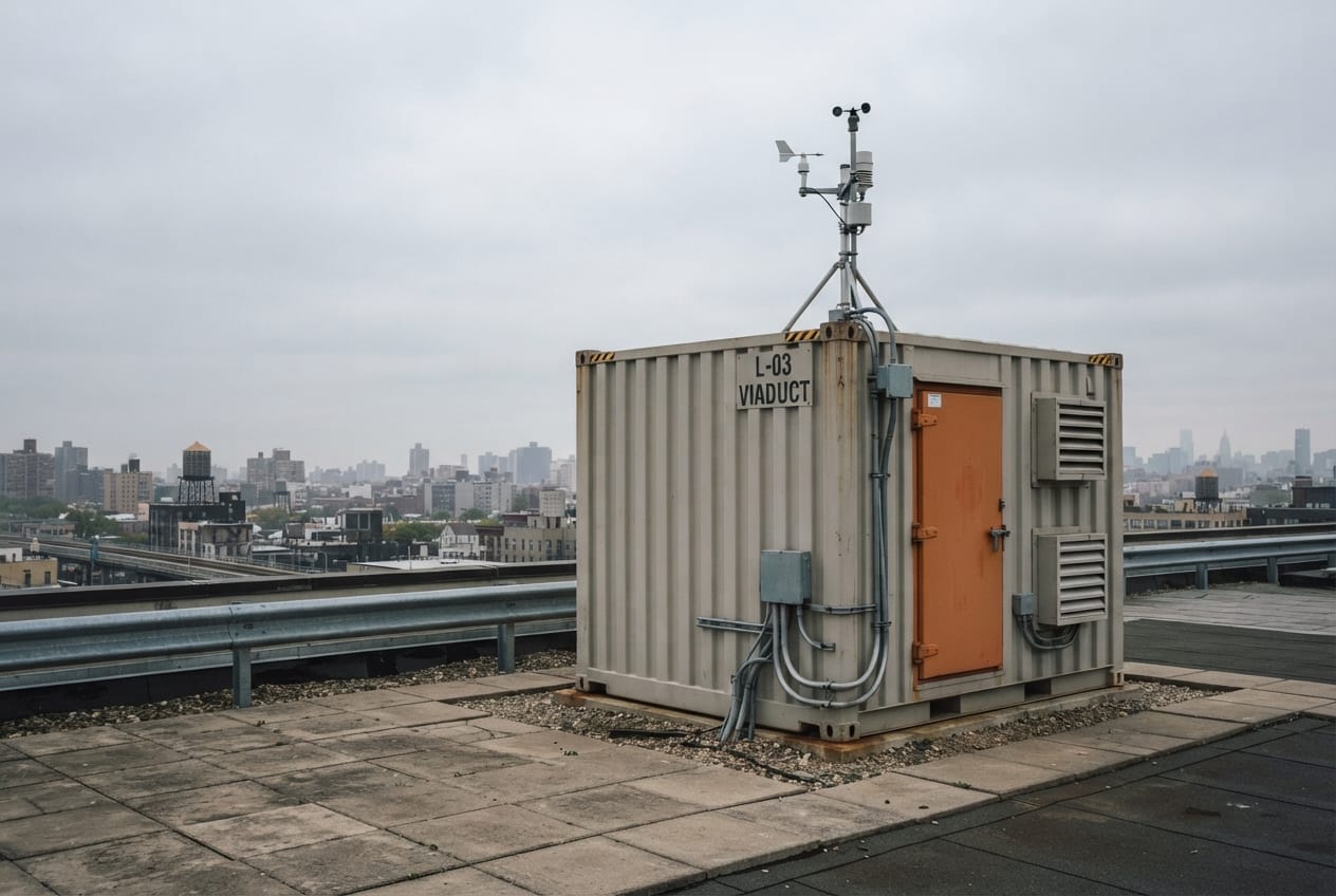 Rooftop loft node L-03 VIADUCT: a hardened equipment enclosure with weather mast and safety-orange access door on an urban rooftop