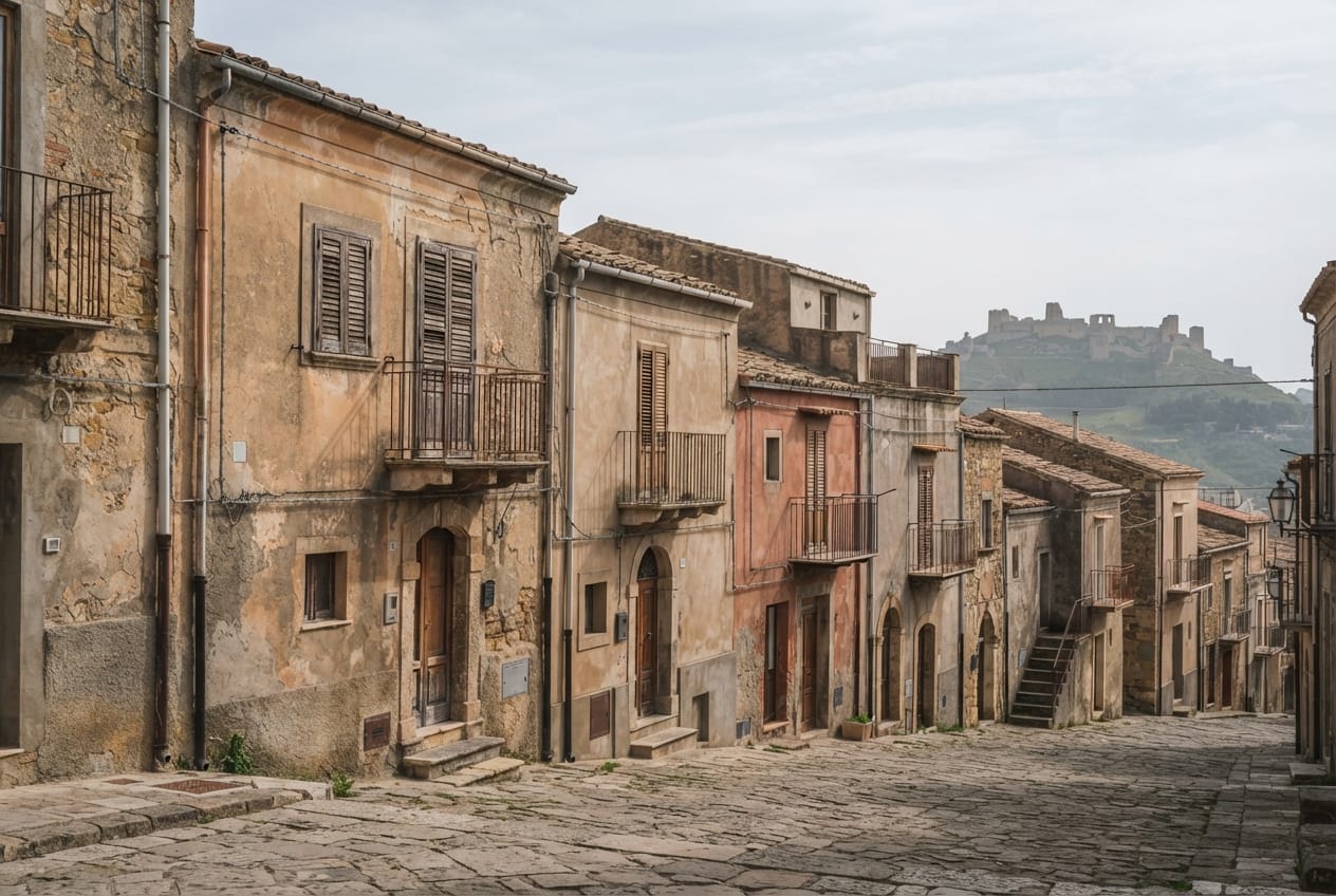 Stone houses on a steep street in Mussomeli, castle on the hill beyond