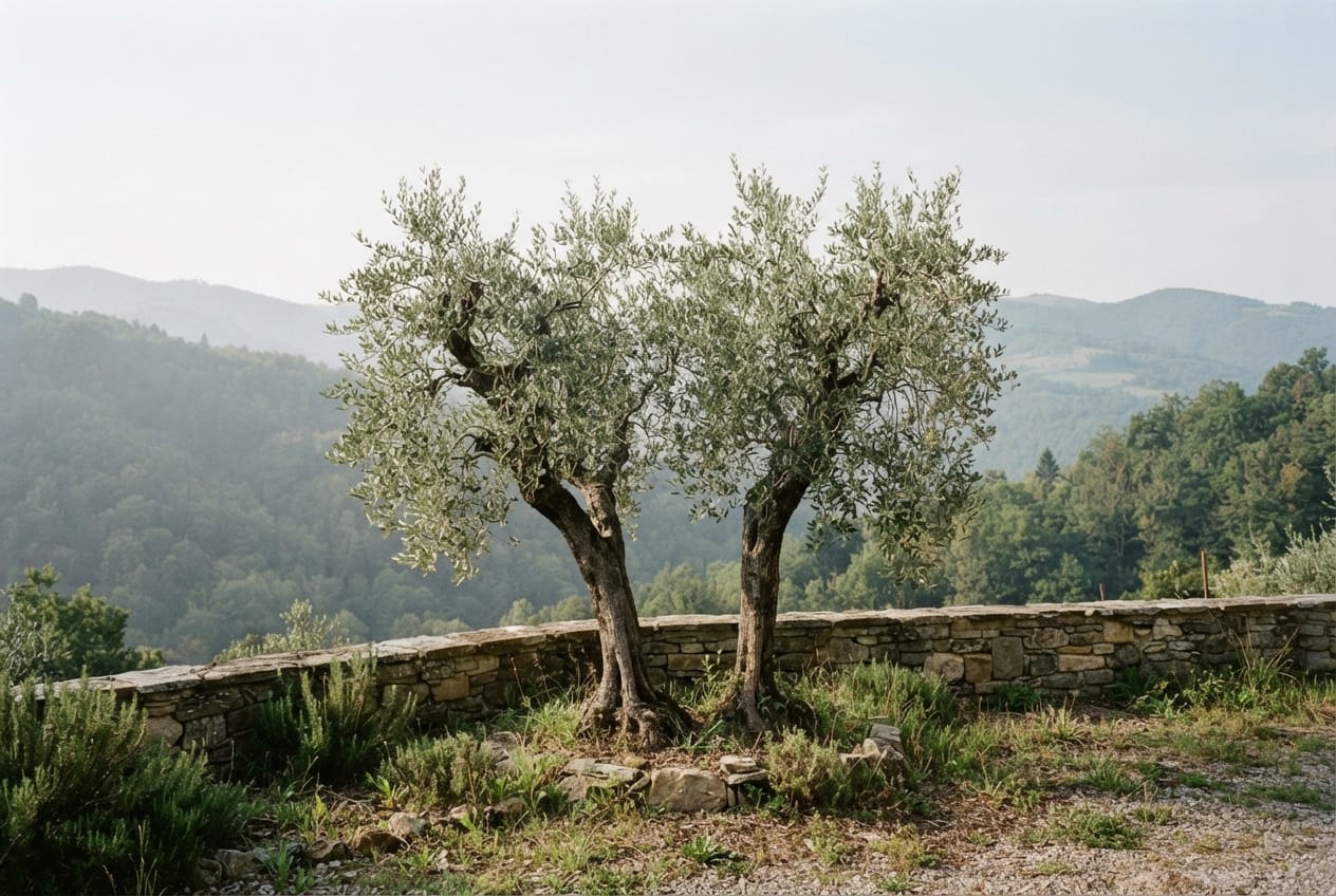 Two mature olive trees behind a dry-stone wall above a wooded valley