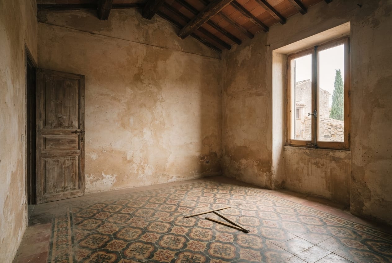 Unrestored room with patched plaster walls and a patterned tile floor